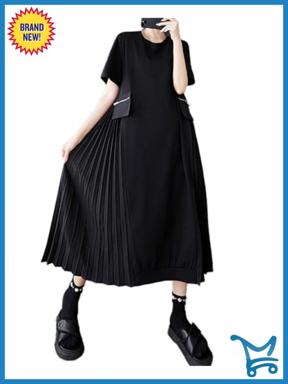 Crewneck Short Sleeve Flowy Hem Patchwork Pleated Dress